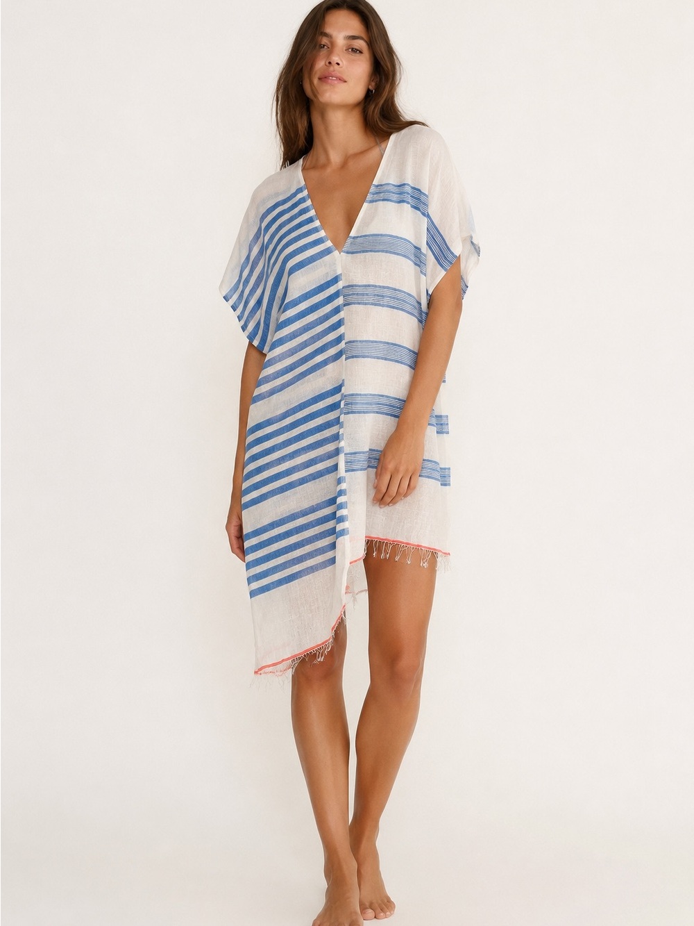 Lemlem Blue & White Handwoven Cotton Blend Beach Cover Up Tunic